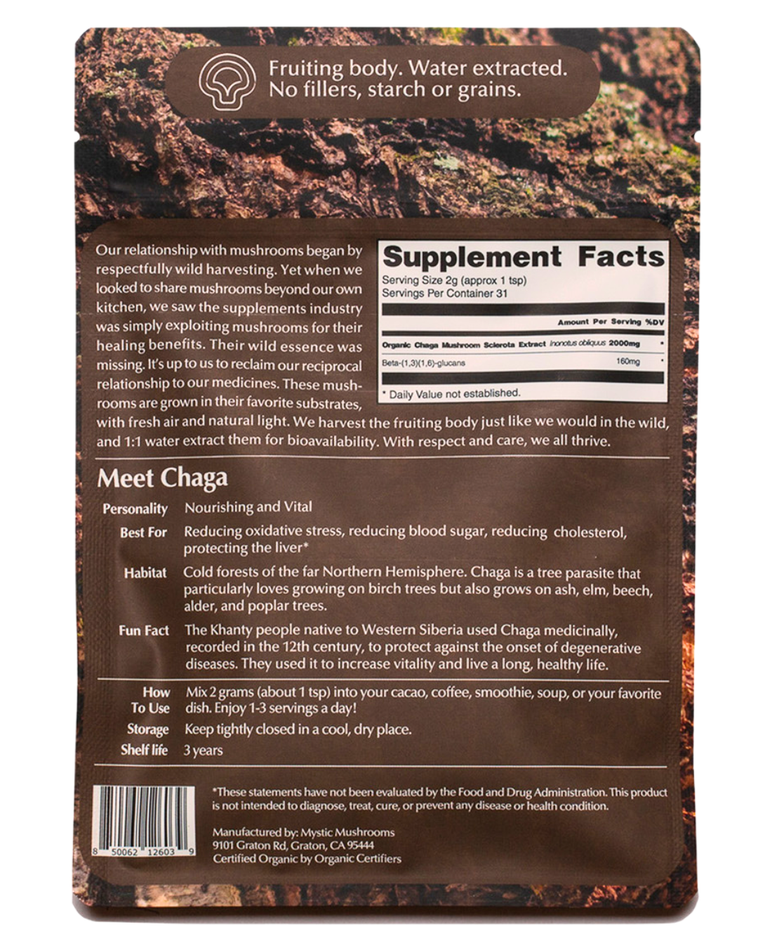 Lífrænt Chaga þykkni – andoxun og bætir orku (Organic Chaga extract – antioxidants and energy boost)