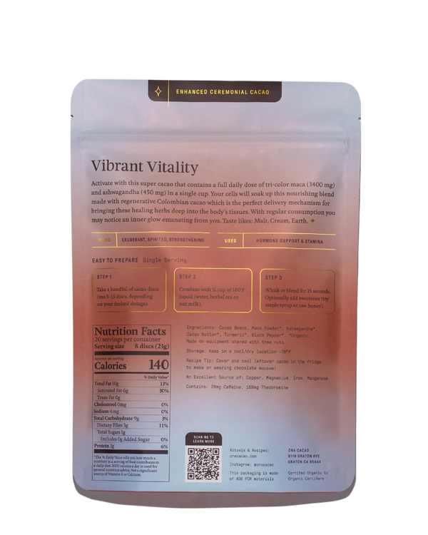 Vibrant Vitality seremóníu kakó með maca, ashwagandha, túrmerik og svörtum pipar

